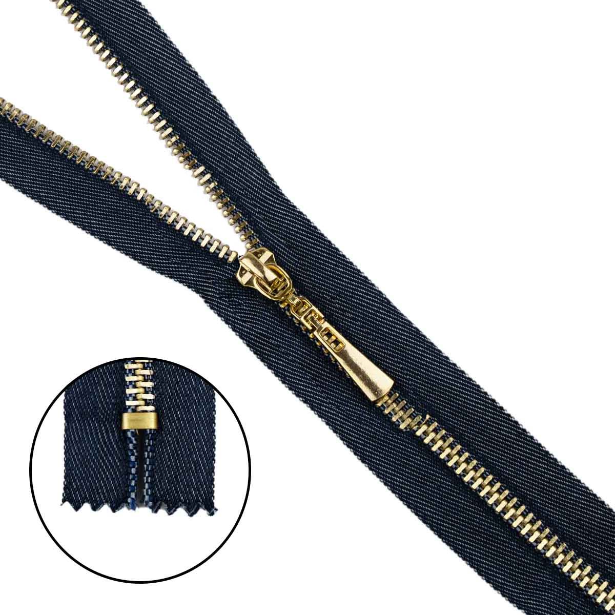 Молния декоративная тип 5 "под джинсу" н/р 20см, звено - декоративное золото, тесьма/синий