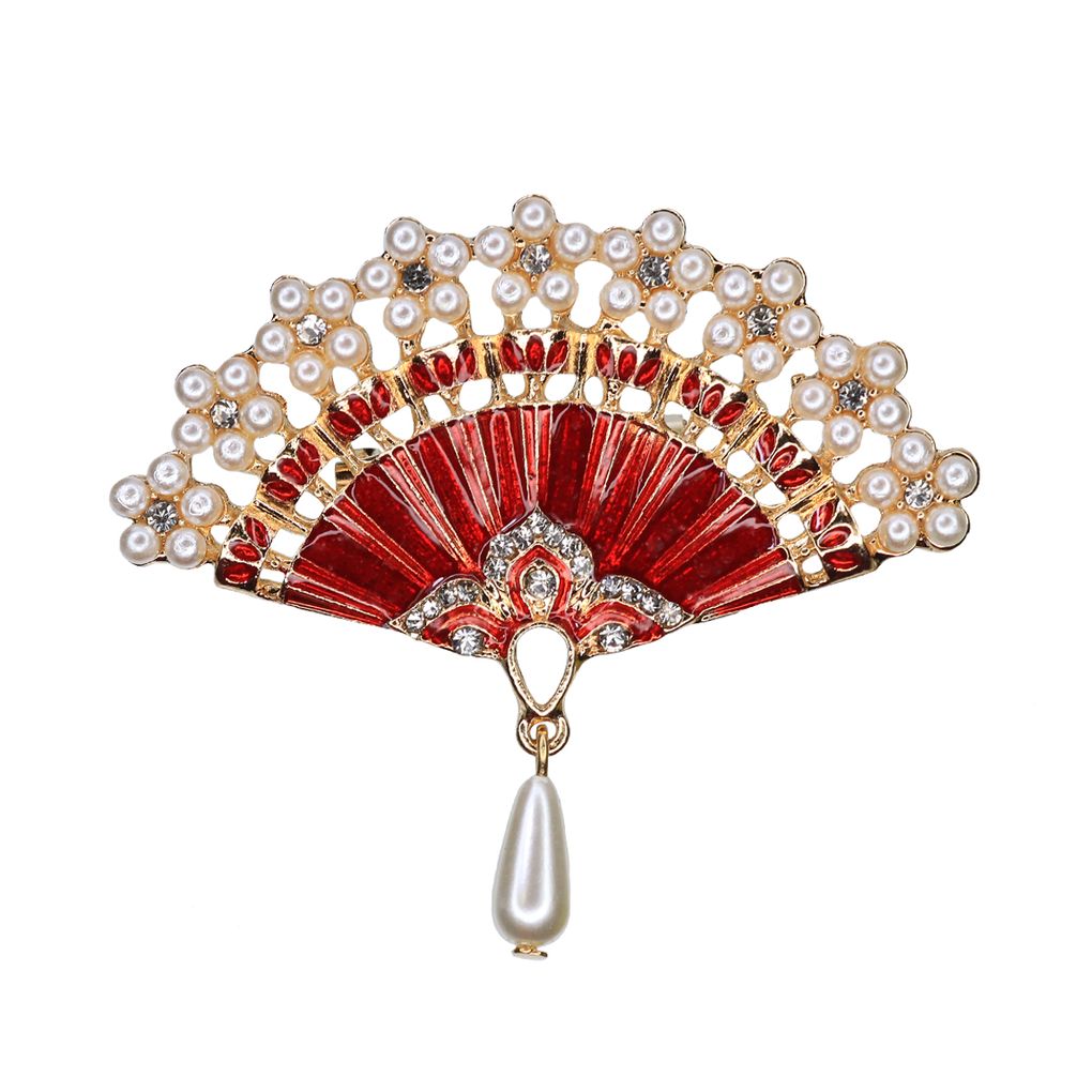 Брошь № 4722 (уп. - 1 шт.) "Веер" 55 х 40 мм желтый металл/ стразы, жемчуг/ эмаль