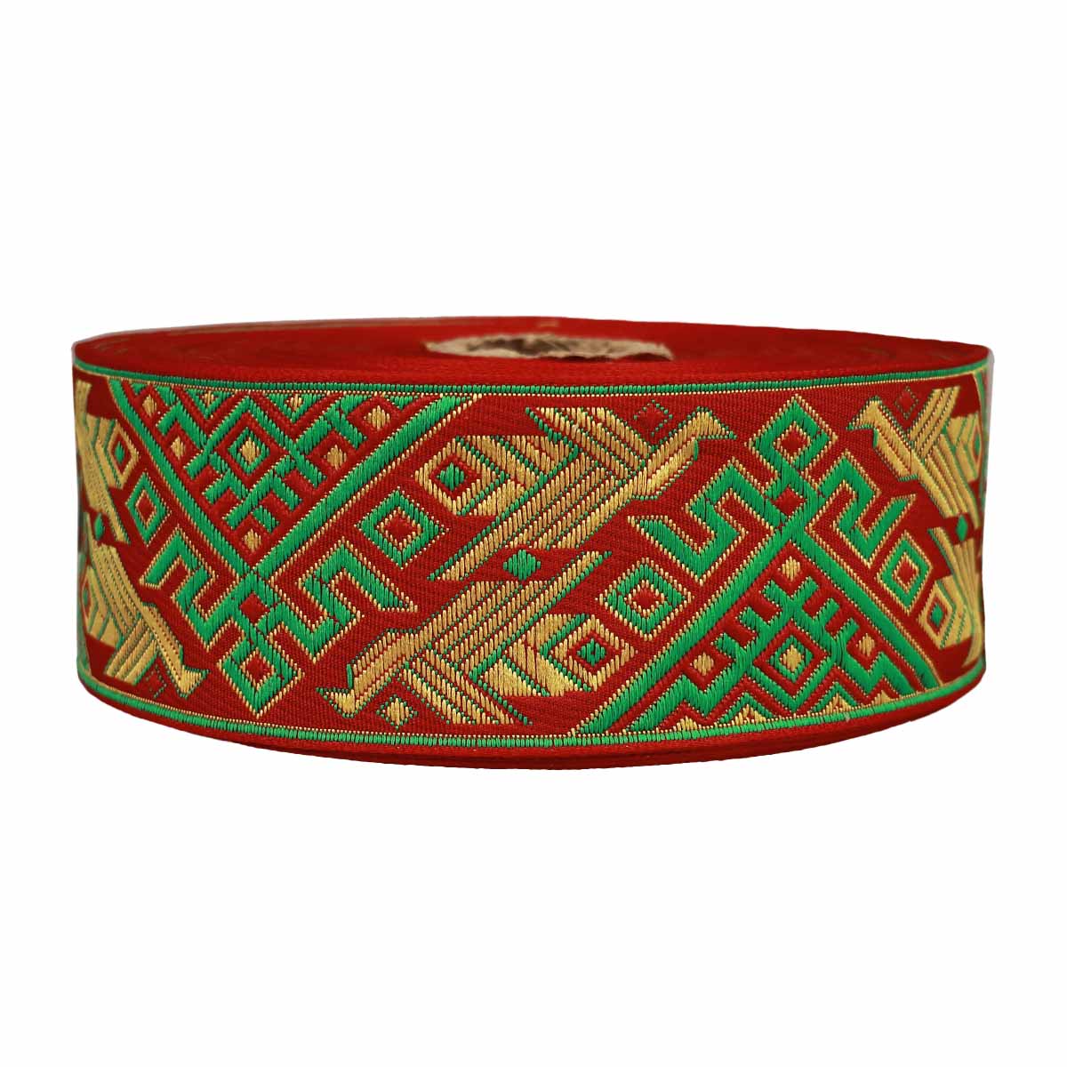 Лента жаккард. &quot;Славянский орнамент&quot; арт. 3775 рис. 9242 шир. 50 мм красно/зеленый/желтый (уп. 25 м)