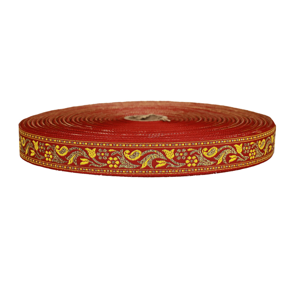 Лента отделочн. жаккард. арт. 1857 рис. 9013 шир. 24 мм красно/желтый с золотом  (уп. 50 м)