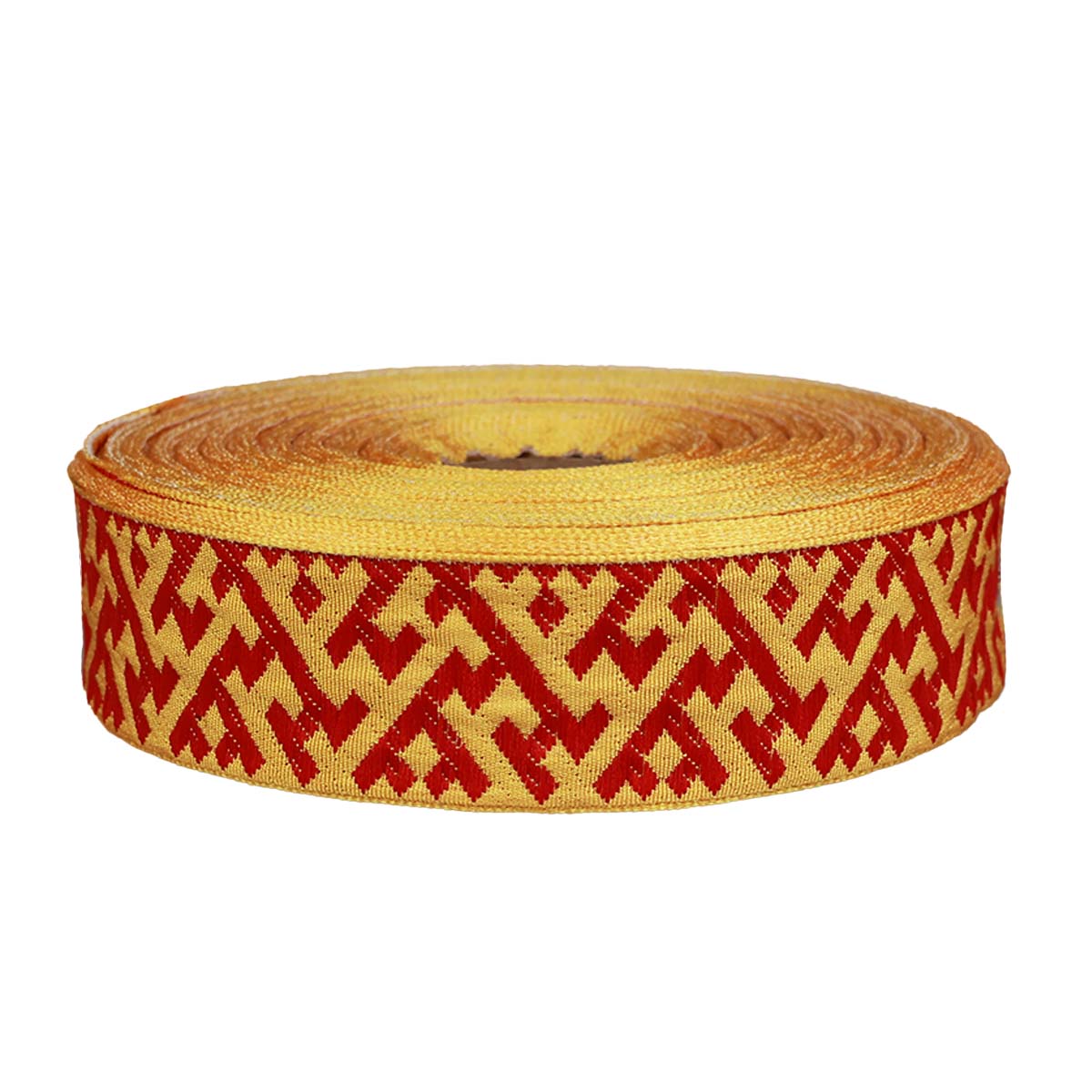 Лента жаккард. &quot;Славянский орнамент&quot; арт. 3774 рис. 9302 шир. 30 мм желто/красный (уп. 25 м)
