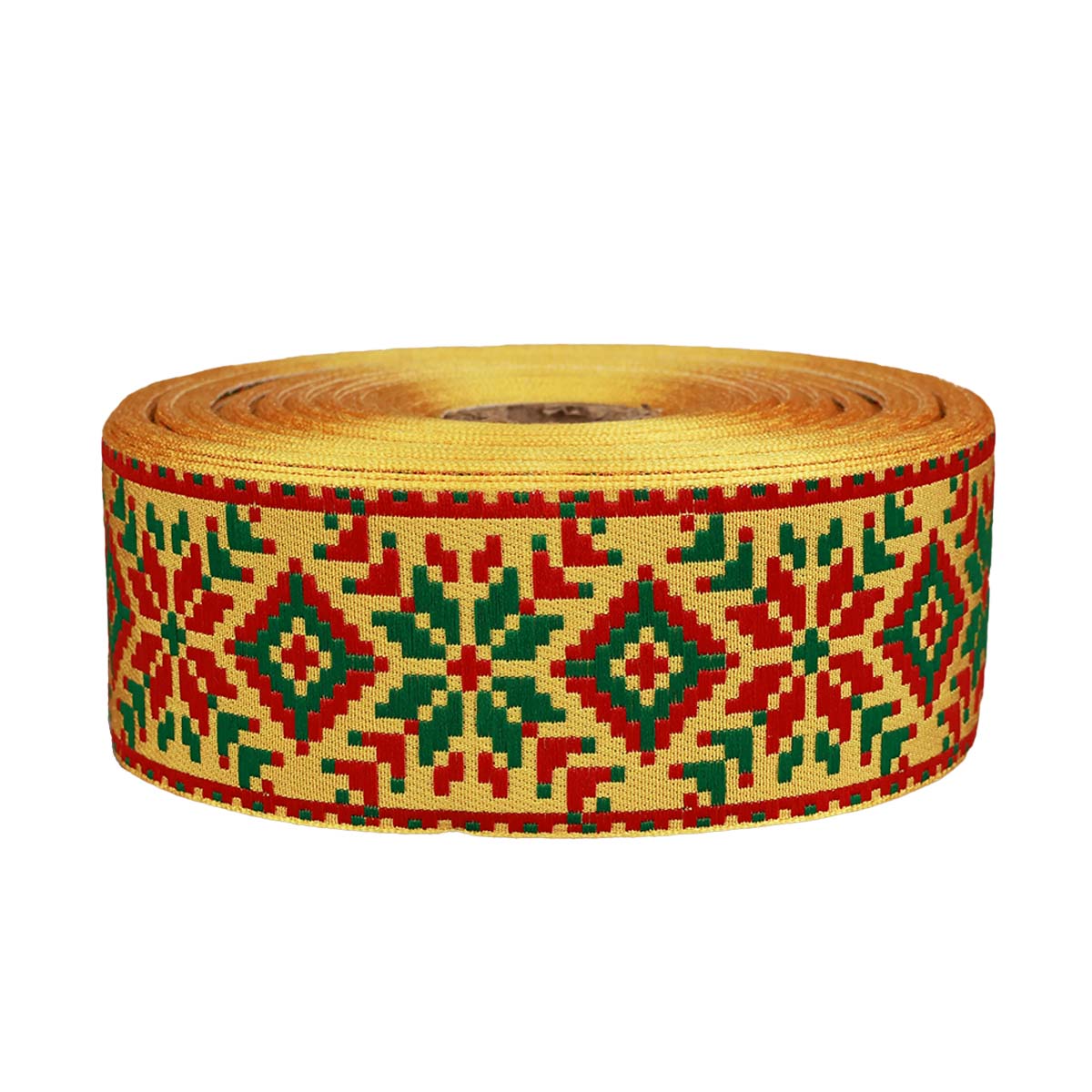 Лента отделочн. жаккард. арт. 3379 рис. 9645 шир. 50 мм желто/красно/зеленый (уп. 25 м)