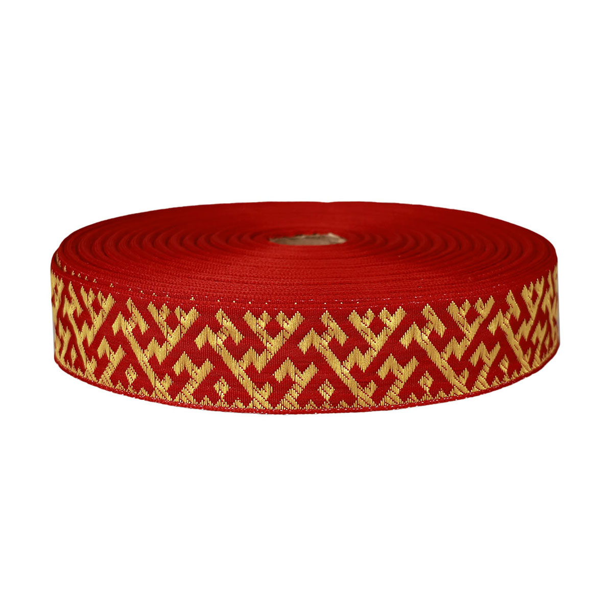 Лента жаккард. &quot;Славянский орнамент&quot; арт. 3774 рис. 9302 шир. 30 мм красно/желтый (уп. 50 м)