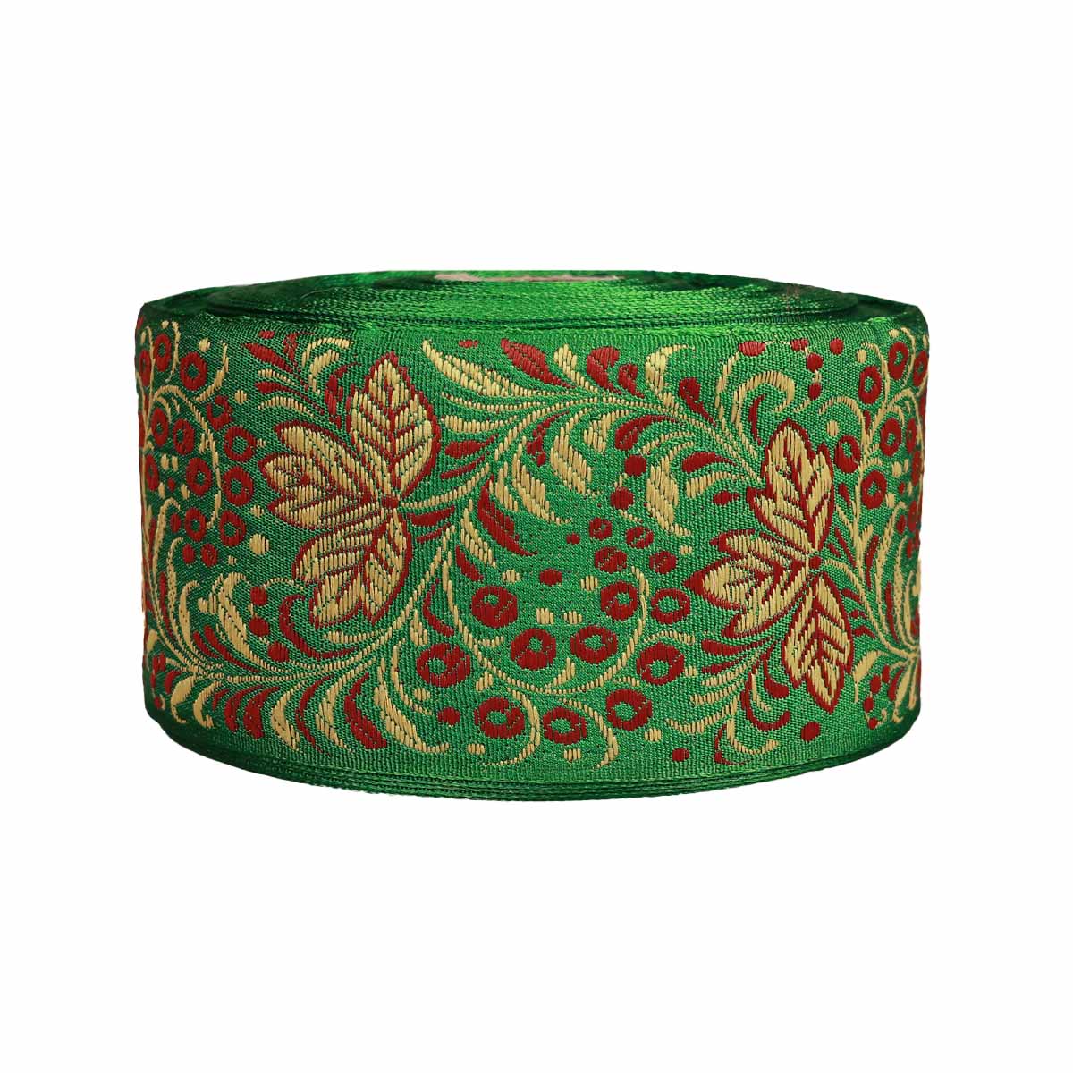 Лента отделочн. жаккард. арт. 3799 рис. 9430 шир. 70 мм зелено/красный  (уп. 25 м.)
