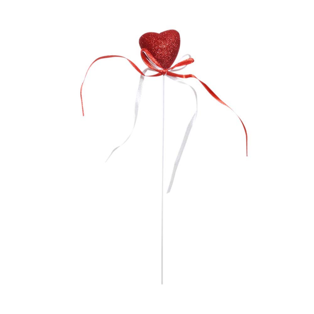 Декор для букетов на палочке (уп.12шт) дл. 20 см Сердечко 38 мм красный