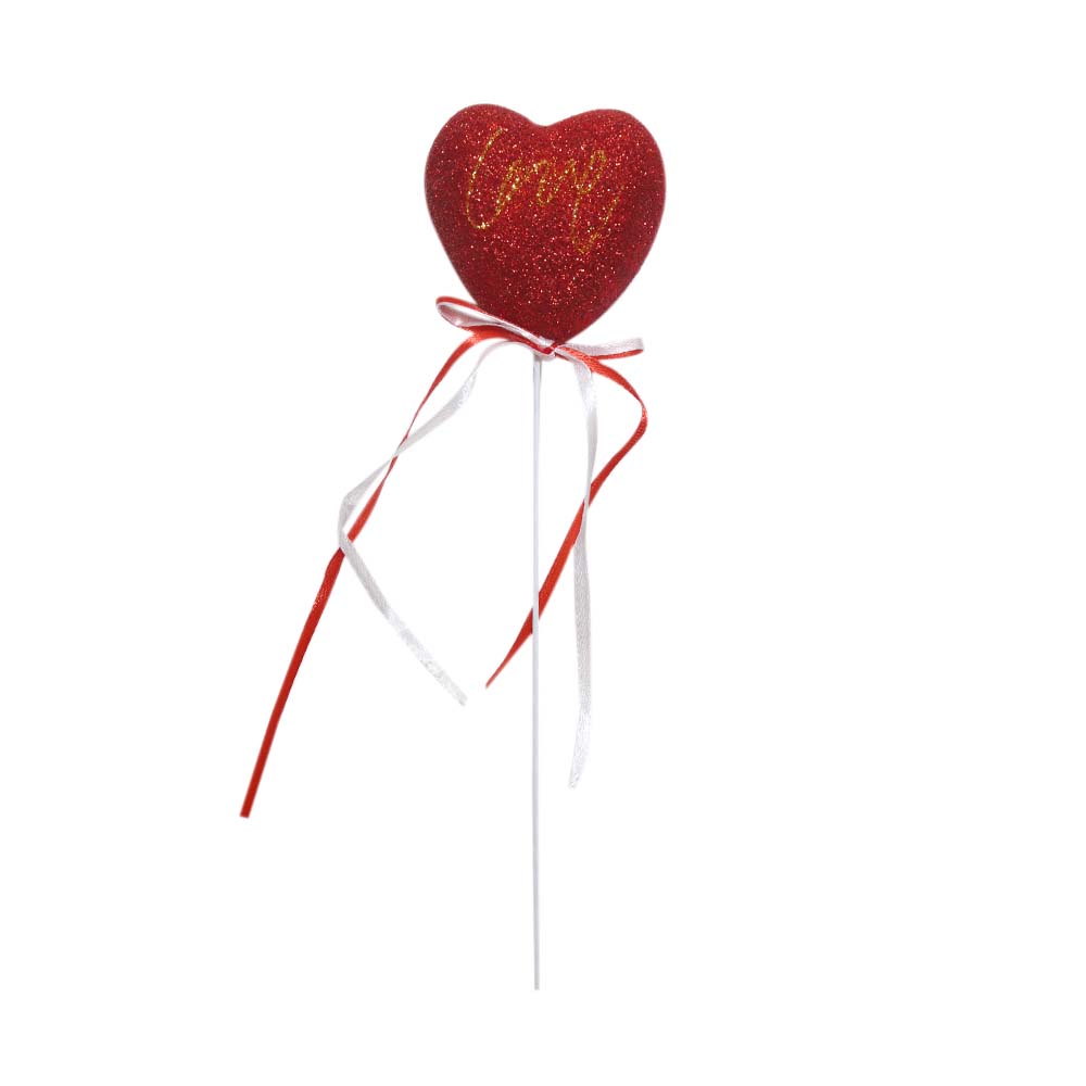 Декор для букетов на палочке (уп. 6 шт) дл. 20 см Сердечко "Love" 60 мм красный