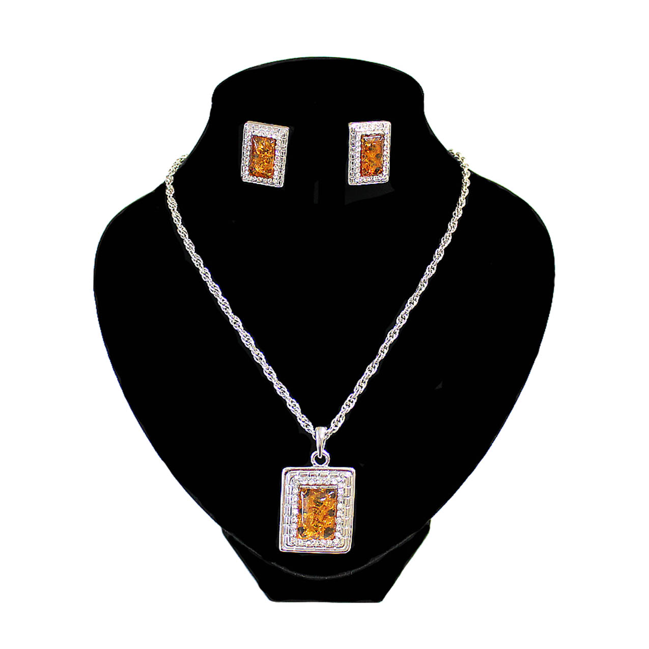 Колье с сережками №712 (дл.60 см, бел.металл, кулон "под янтарь"3х2,5 см, серьги 1,5х2см, уп.-1наб.)