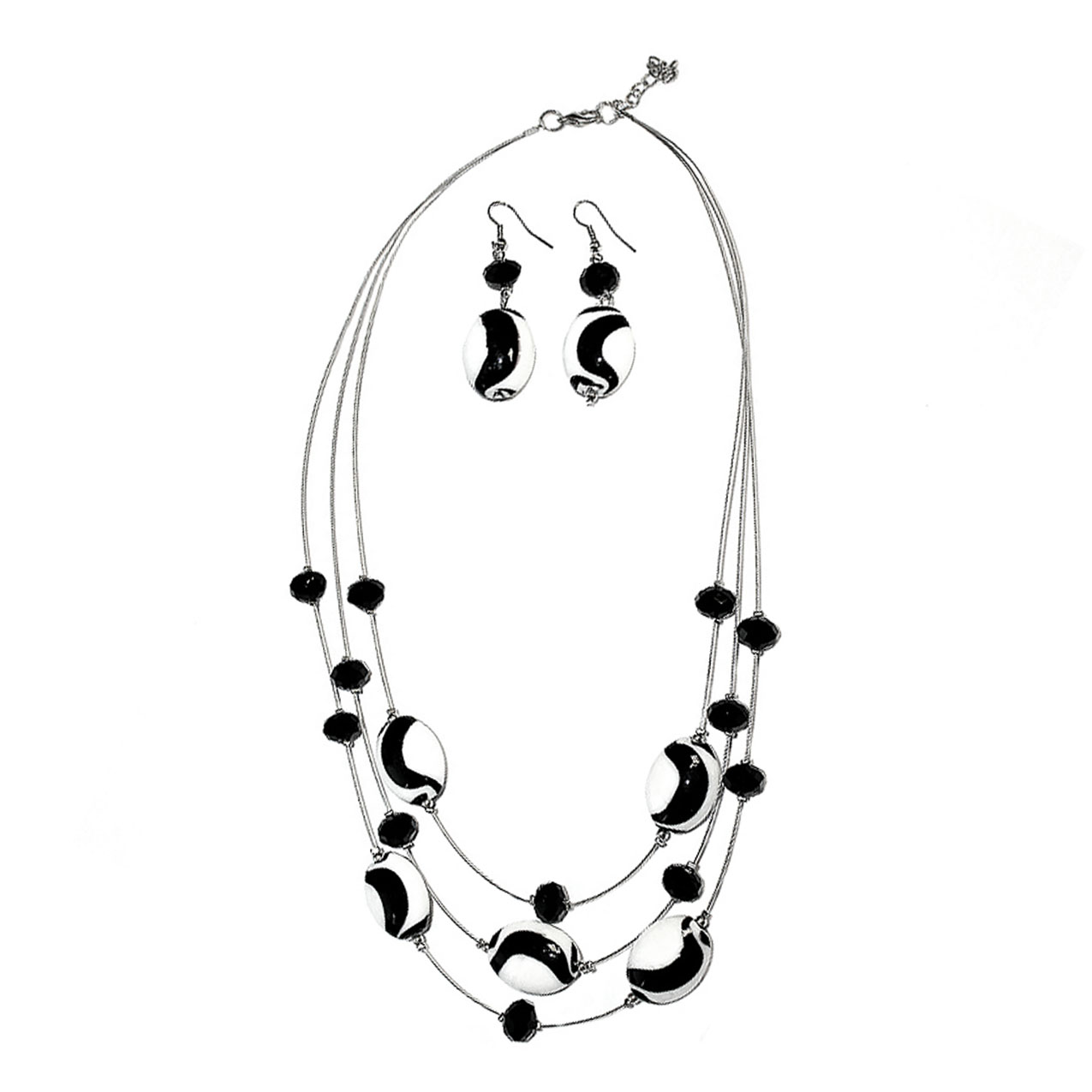 Колье с сережками № 801/1 (дл.50 см, 3 ряда черно-белых бусин, серьги-пятля 6 см, уп. - 1 наб.)