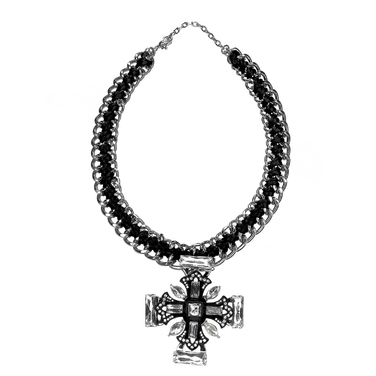 Колье № 1506 (дл. 45 см, цепочка со шнуром шир. 2 см, кулон 7х7 см крест, со стразами, уп. - 1 шт.)