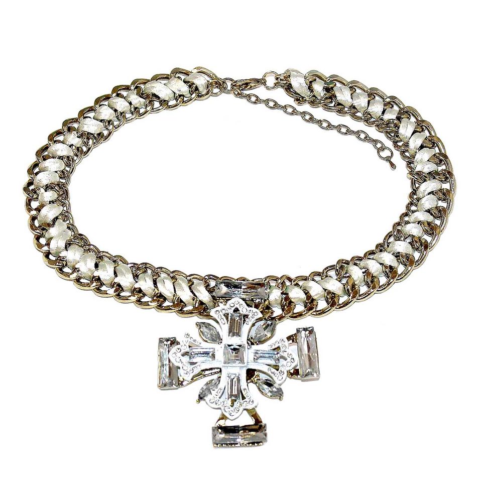Колье № 1506/1 (дл. 45см, цепочка с бел.  шнуром шир.2 см, кулон 7х7см крест, со стразами, уп.-1 шт.
