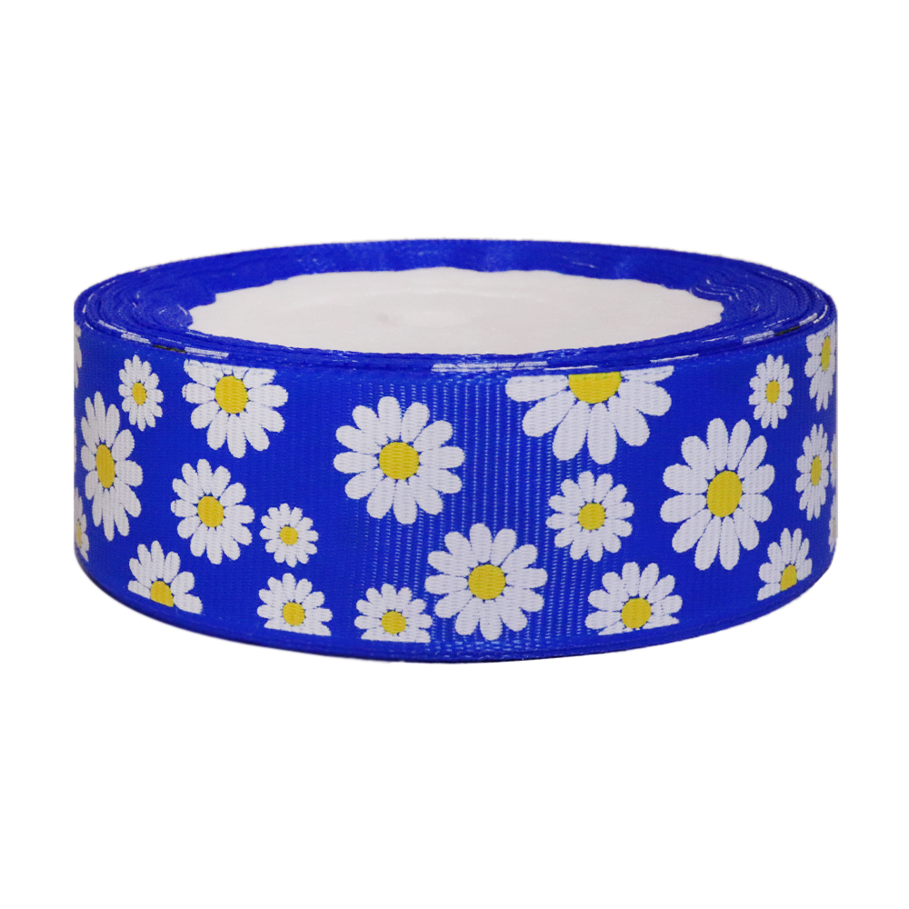 Лента декор. репсовая арт.62 (уп.10ярд) шир.25 мм "Белые ромашки"василек
