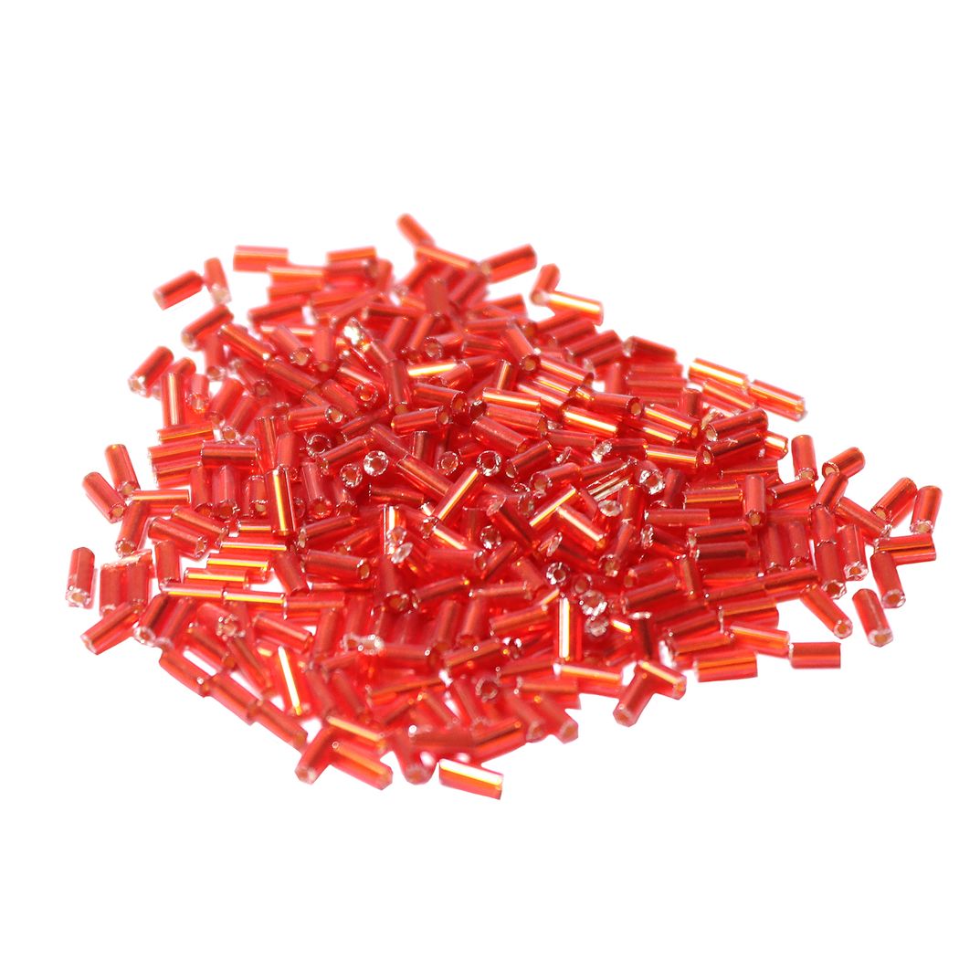 Стеклярус (уп. 450 гр ) 3х6 мм № 25 красный прозр с посеребренным отв