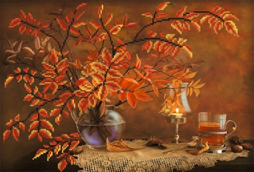Шёлк с рисунком для вышивания бисером &quot;Осенний натюрморт&quot; арт. 4087 (37 х 49) - РАСПРОДАЖА